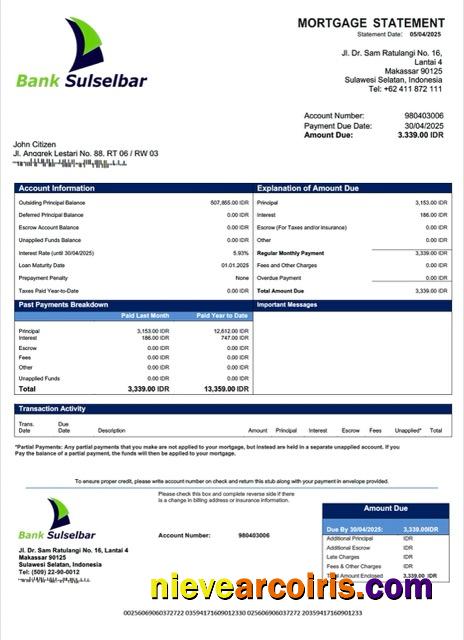 Indonesia Bank Sulselbar mortgage statement Word and PDF template